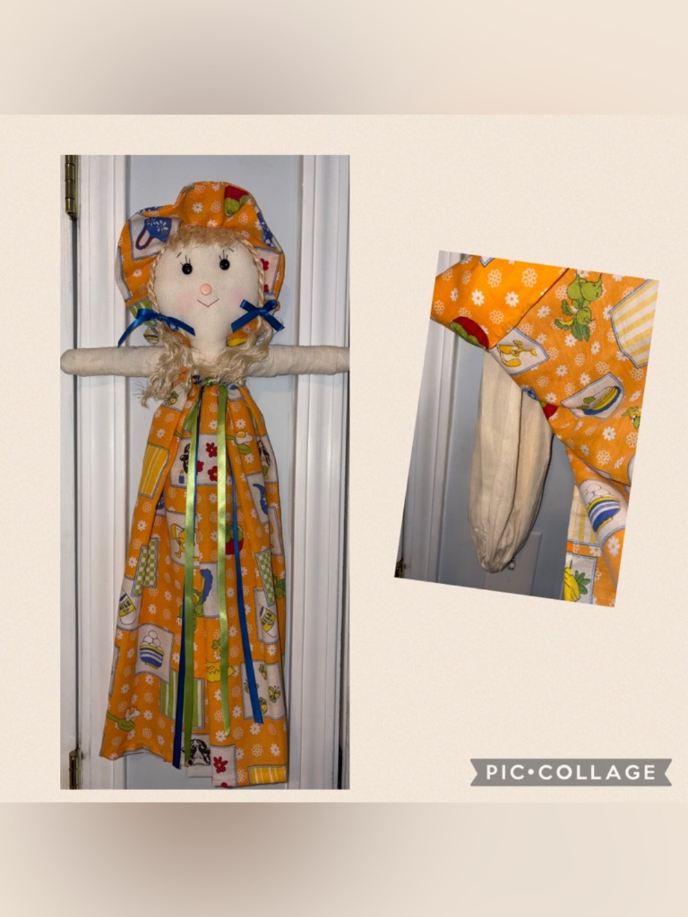 Handmade Yellow lady grocery bag holder Cottagecore Grandmacore